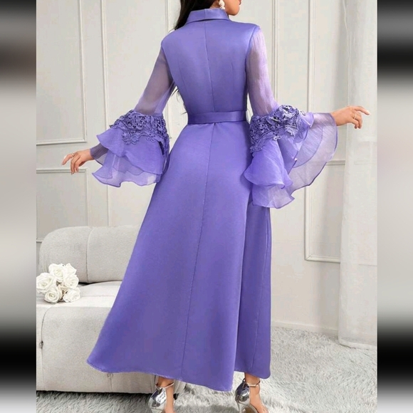 Shawl Collar Contrast Mesh With Belt Long Flounce Sleeve Arabian Modest Dress - Picture 3 of 5